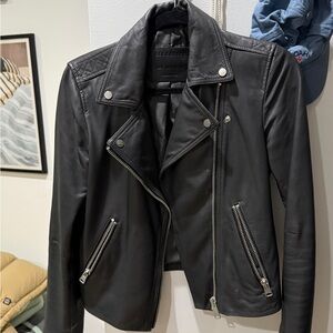 All Saints Black Leather Jacket with Silver Accents